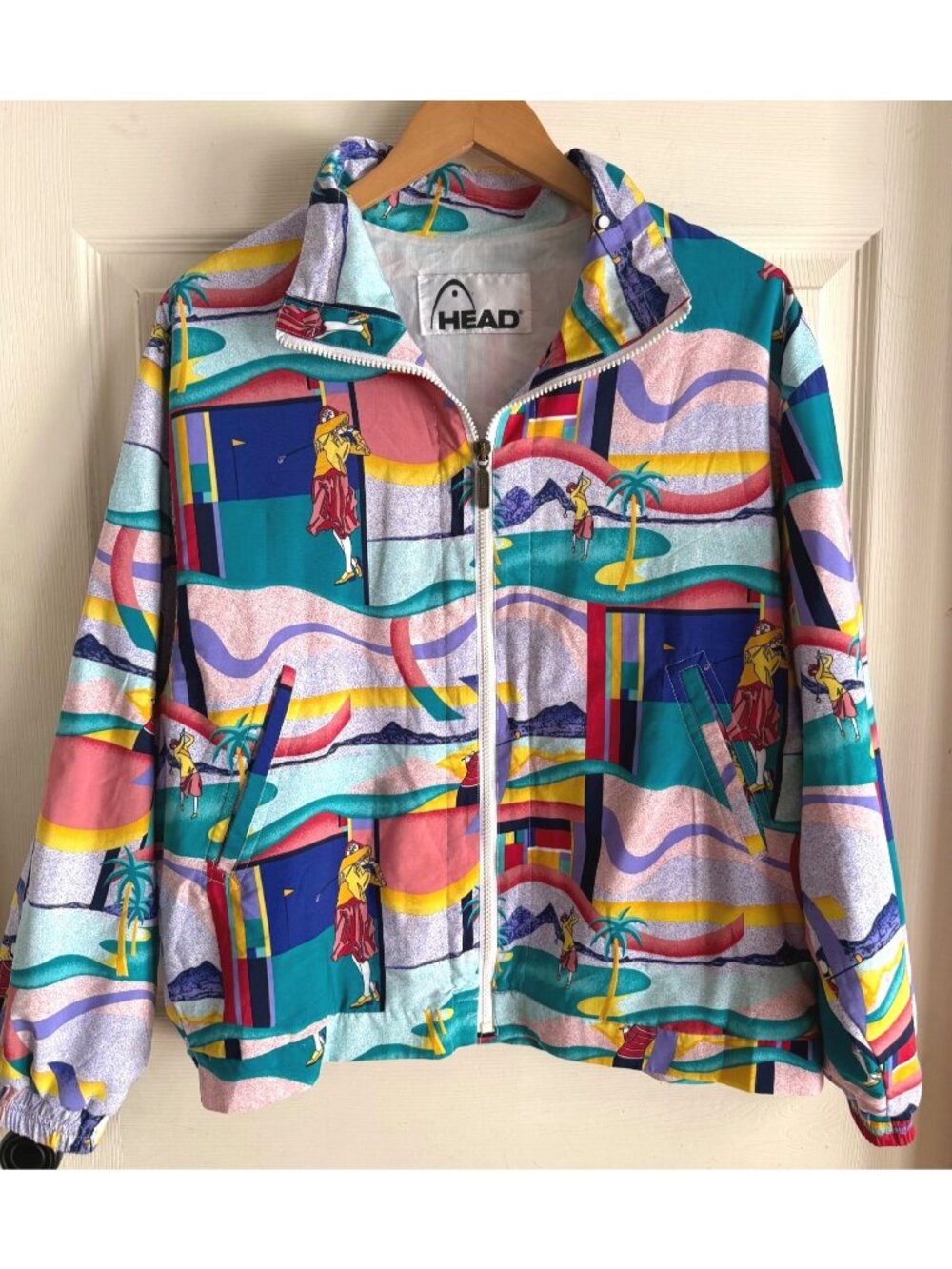 size L vintage HEAD golf theme print multicolor windbreaker full zip jacket ligh